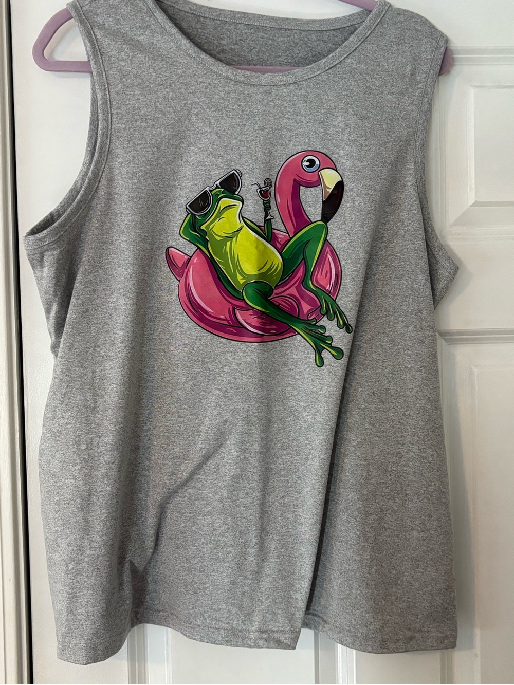 SHEIN Gray Tank Top with Pink Flamingo Float & Green Frog Graphic